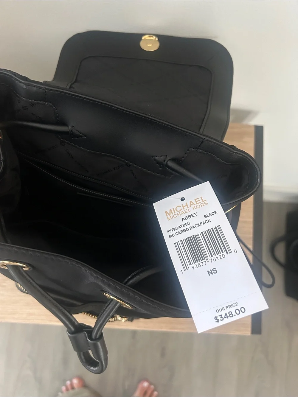 Michael Kors Black Nylon Drawstring Backpack with Gold Logo